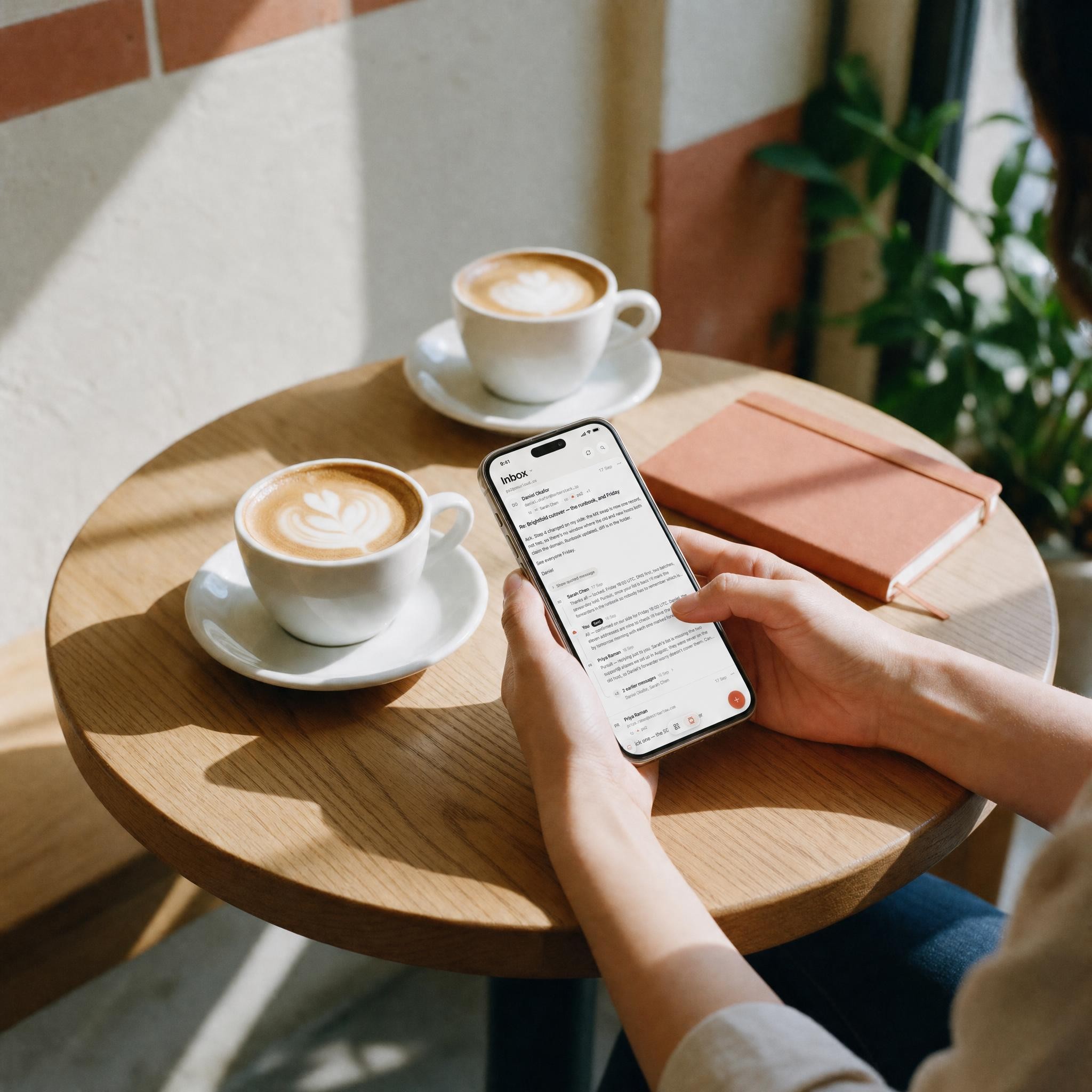 Two hands round a second coffee at a café table, a phone beside the cup