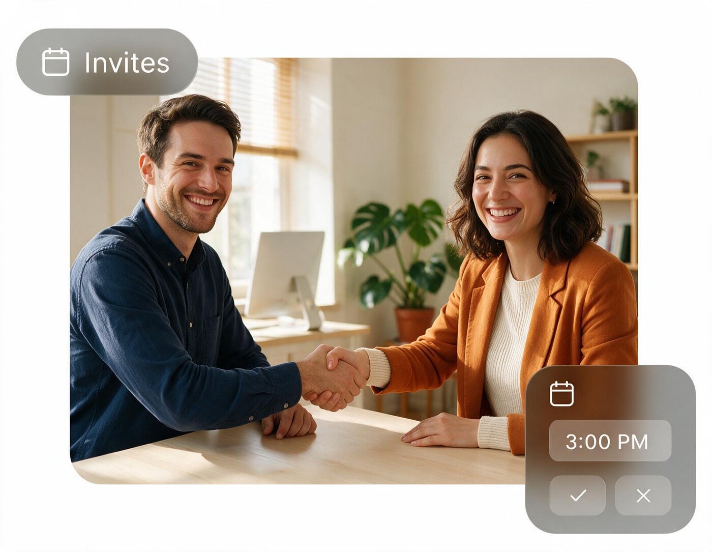 Three overlapping photographs of people arranging meetings on their phones, labelled Invites