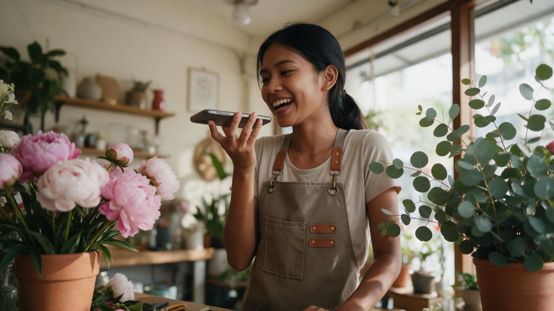 A florist laughing while speaking into her phone, among peonies