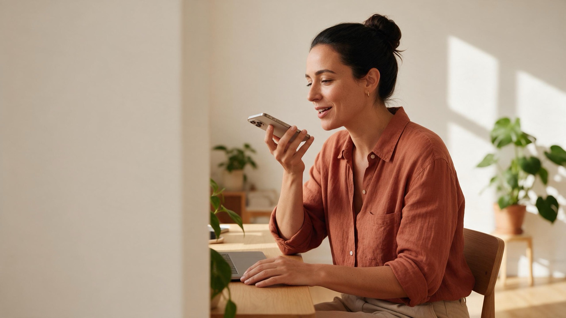 A woman in a rust linen shirt speaking her reply into her phone at a sunlit desk